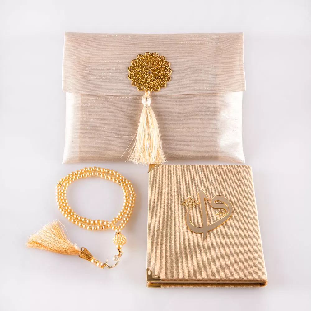 HAYRAT NEŞRİYAT - Şantuk Çantalı Tesbih + Yasin Hediye Seti (Çanta Boy, ElifVav, Raşel, Gold)