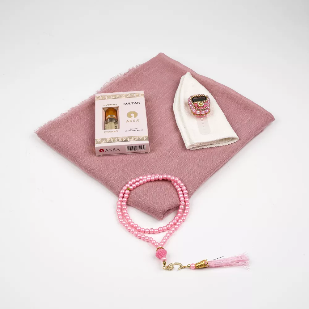 Eşarp + Takke + Esans + Tesbih + Zikirmatik Hediye Seti (Asetat Kutulu, Pembe) 