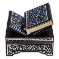 Black, Silver Colour Plated Quran With Chest and Holder (Bag Size) - Thumbnail