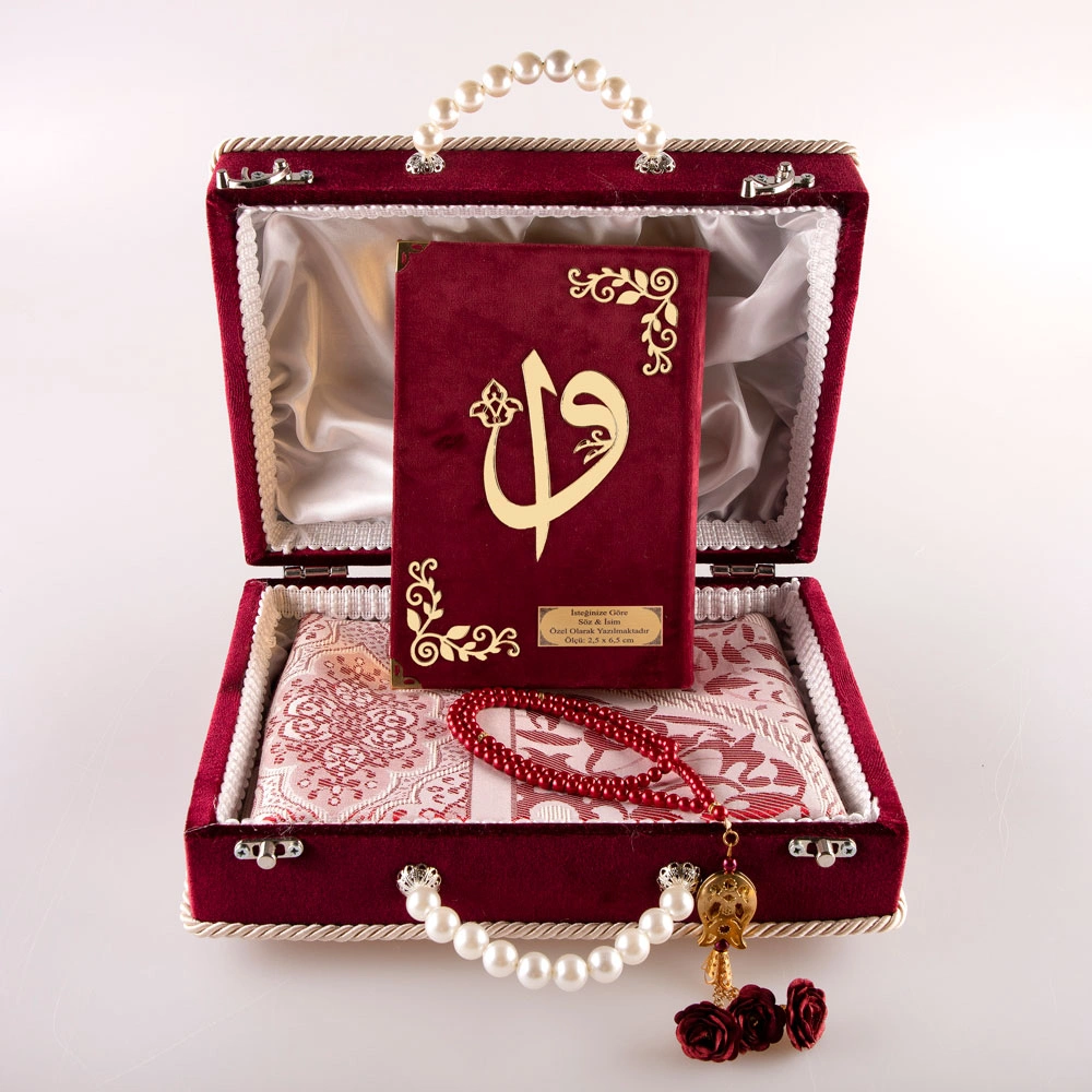 HAYRAT NEŞRİYAT - Boncuklu Kutu Çeyizlik, Seccade + Tesbih + Kuran Hediye Seti (Çanta Boy, Bordo)