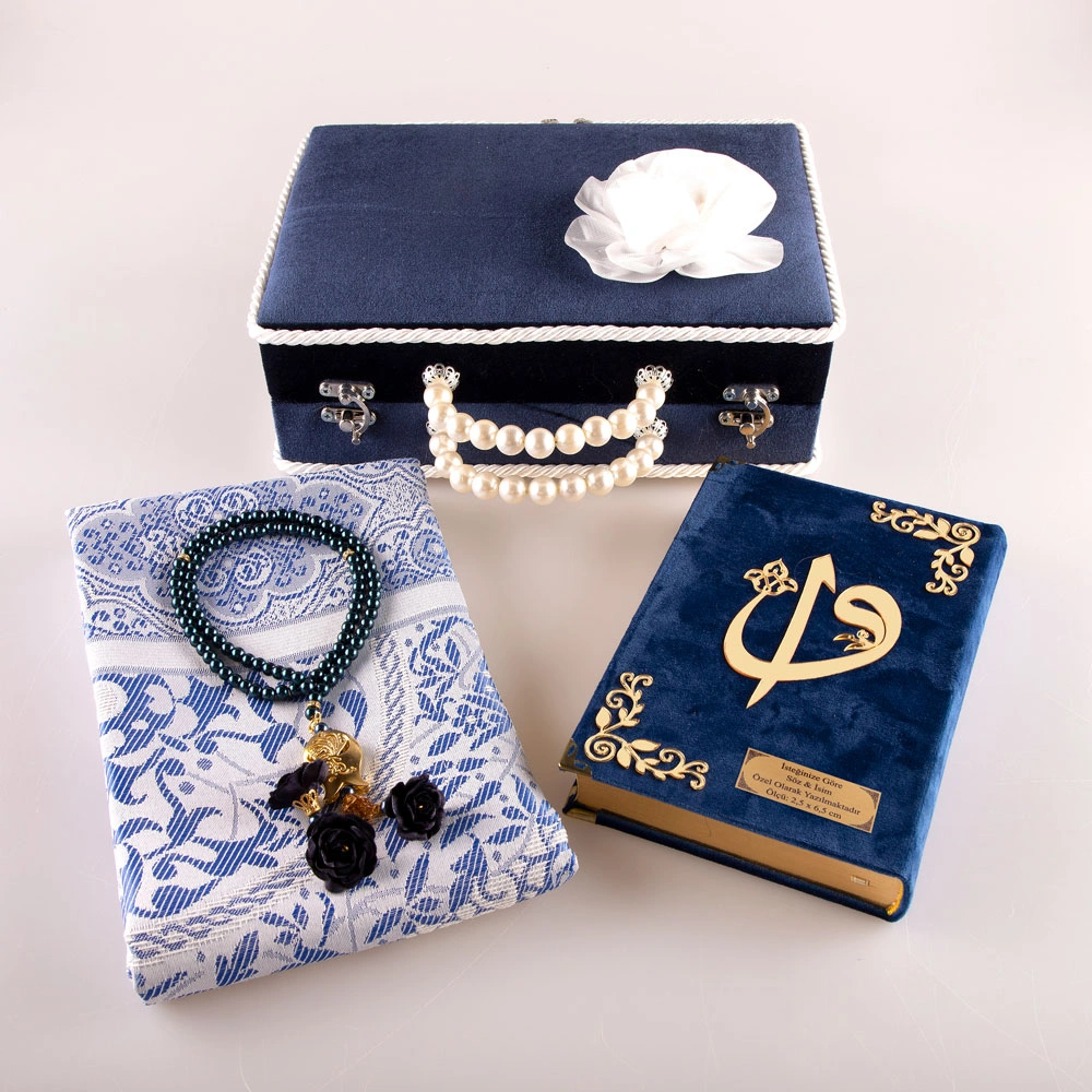 Boncuklu Kutu Çeyizlik, Seccade + Tesbih + Kuran Hediye Seti (Çanta Boy, Lacivert) - Thumbnail