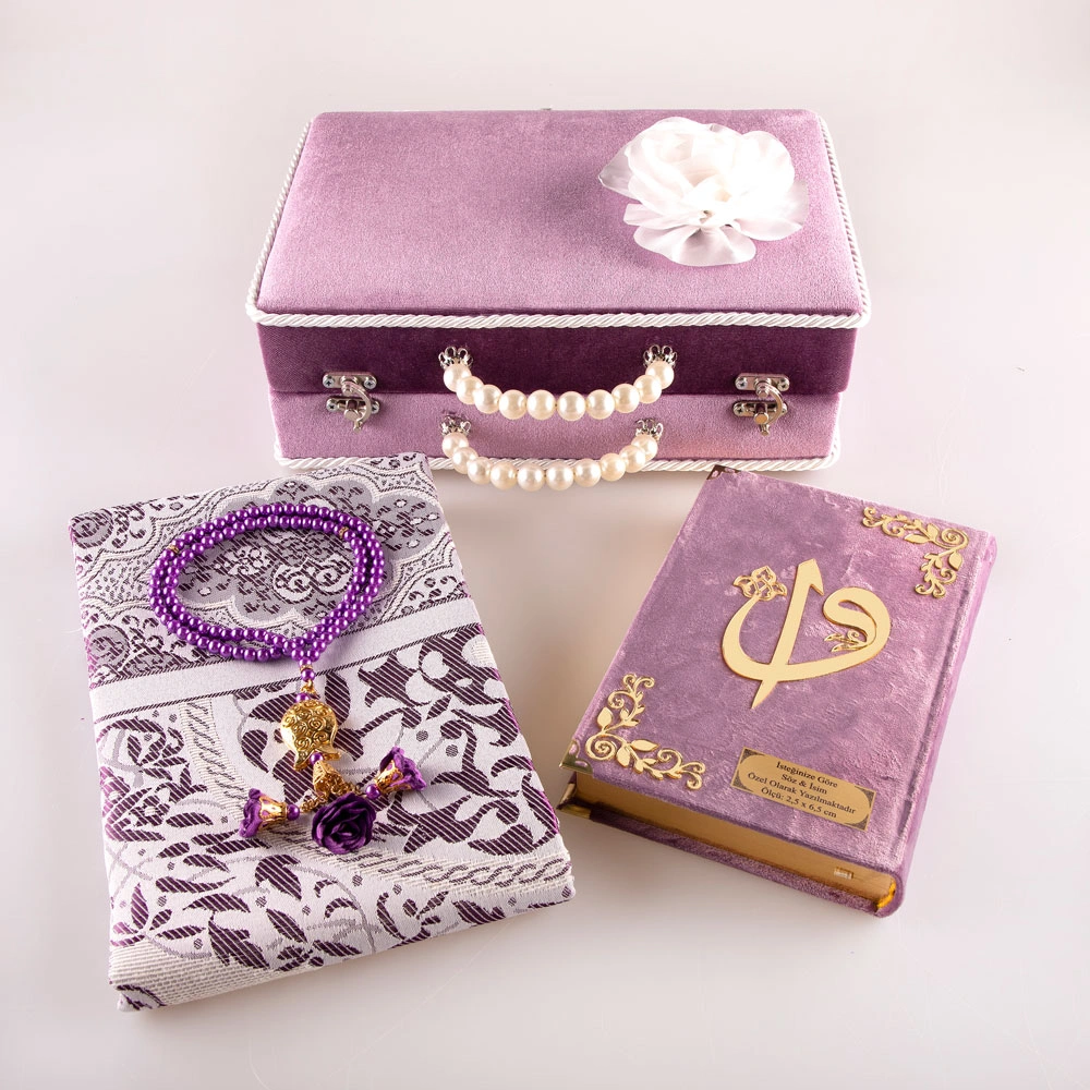 Boncuklu Kutu Çeyizlik, Seccade + Tesbih + Kuran Hediye Seti (Çanta Boy, Lila) - Thumbnail