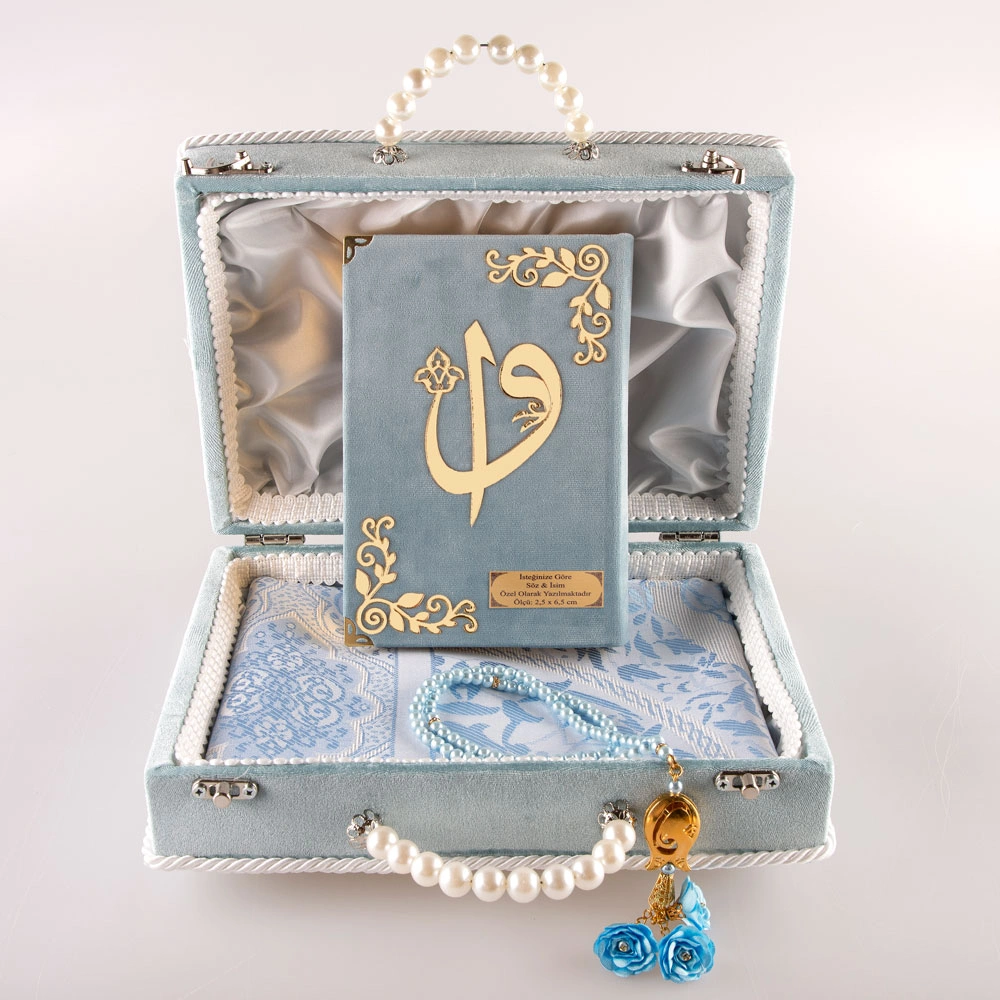 Boncuklu Kutu Çeyizlik, Seccade + Tesbih + Kuran Hediye Seti (Çanta Boy, Mavi) - Thumbnail