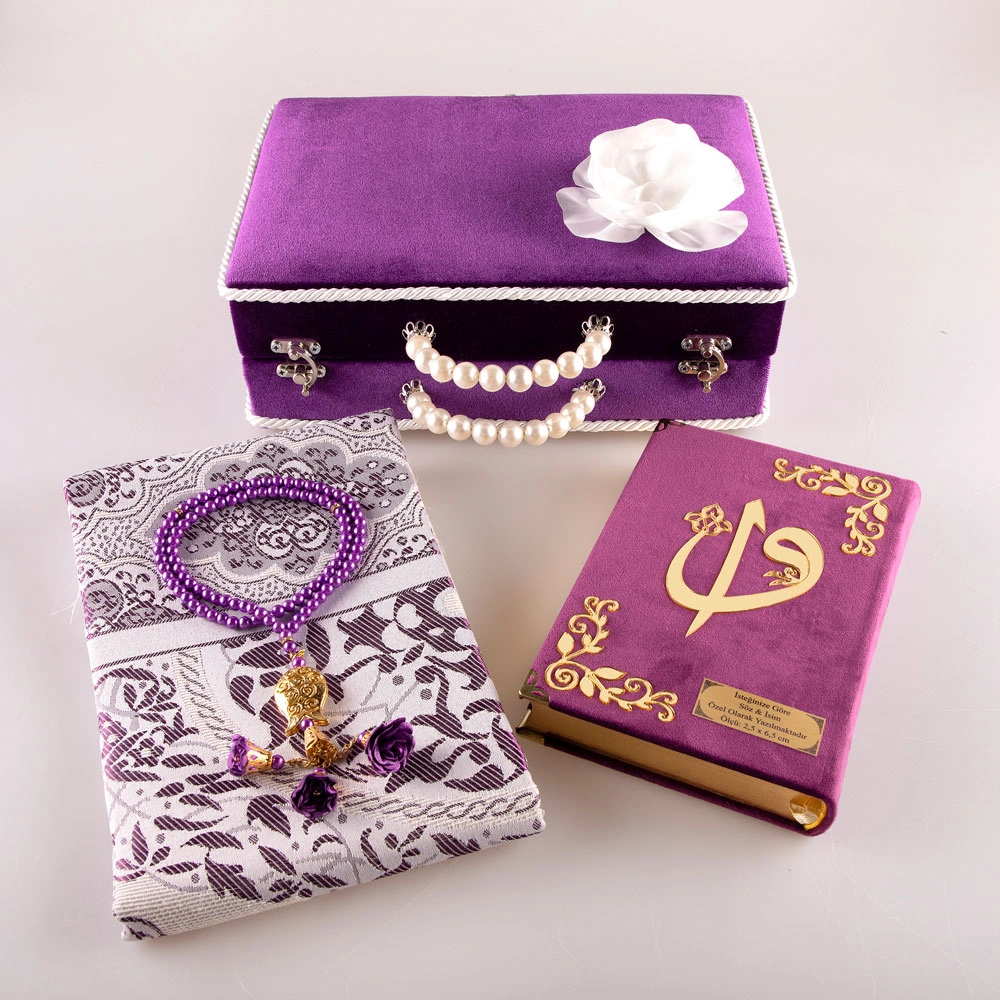 Boncuklu Kutu Çeyizlik, Seccade + Tesbih + Kuran Hediye Seti (Çanta Boy, Mor)