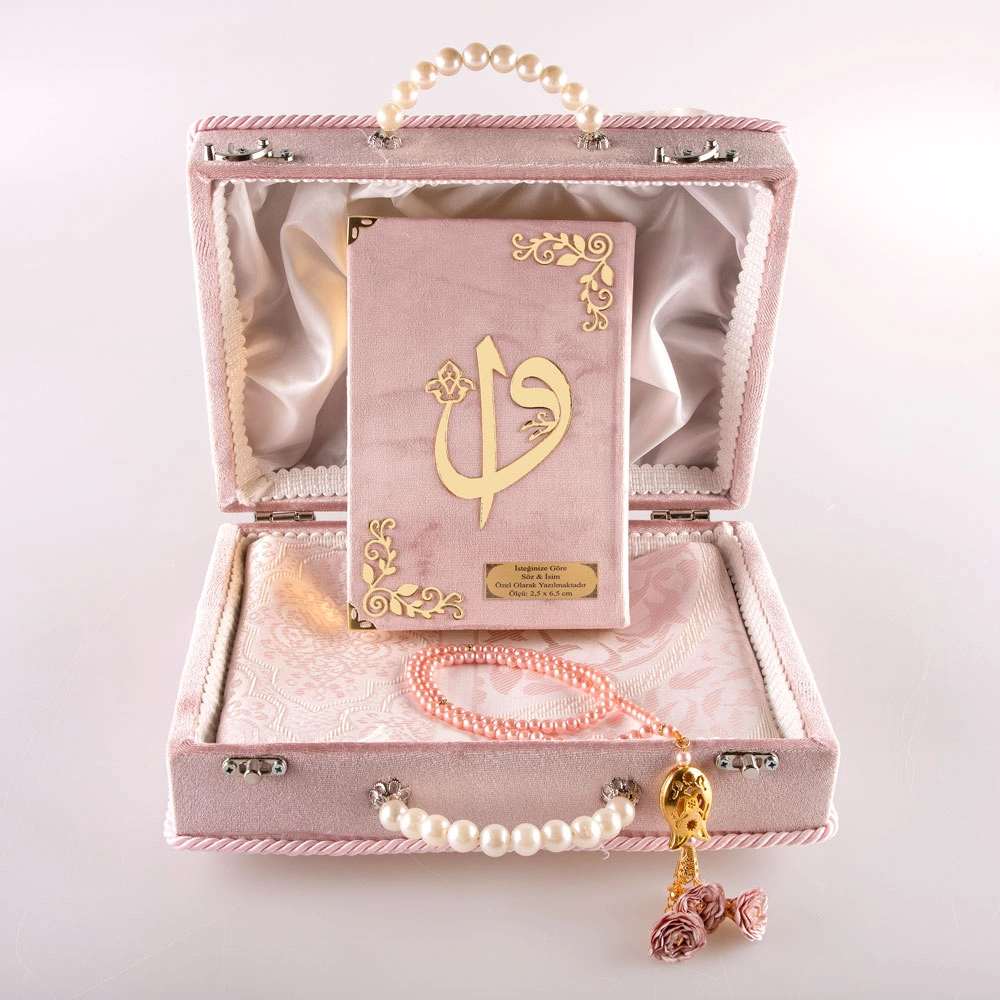 Boncuklu Kutu Çeyizlik, Seccade + Tesbih + Kuran Hediye Seti (Çanta Boy, Pudra Pembe)