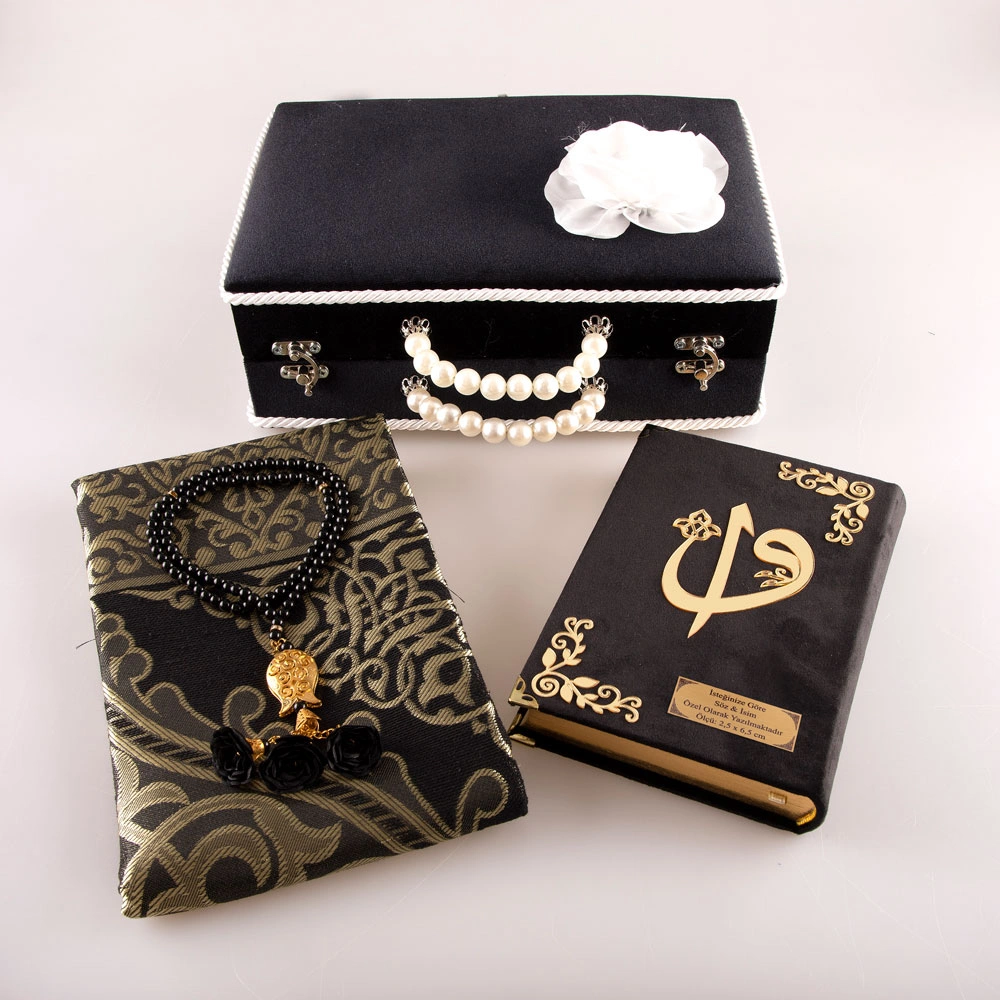 Boncuklu Kutu Çeyizlik, Seccade + Tesbih + Kuran Hediye Seti (Çanta Boy, Siyah) - Thumbnail