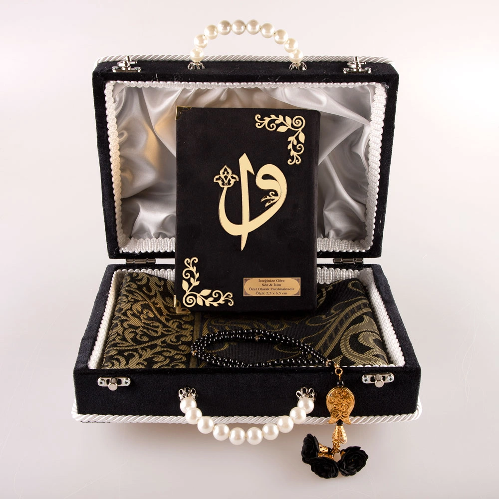 HAYRAT NEŞRİYAT - Boncuklu Kutu Çeyizlik, Seccade + Tesbih + Kuran Hediye Seti (Çanta Boy, Siyah)