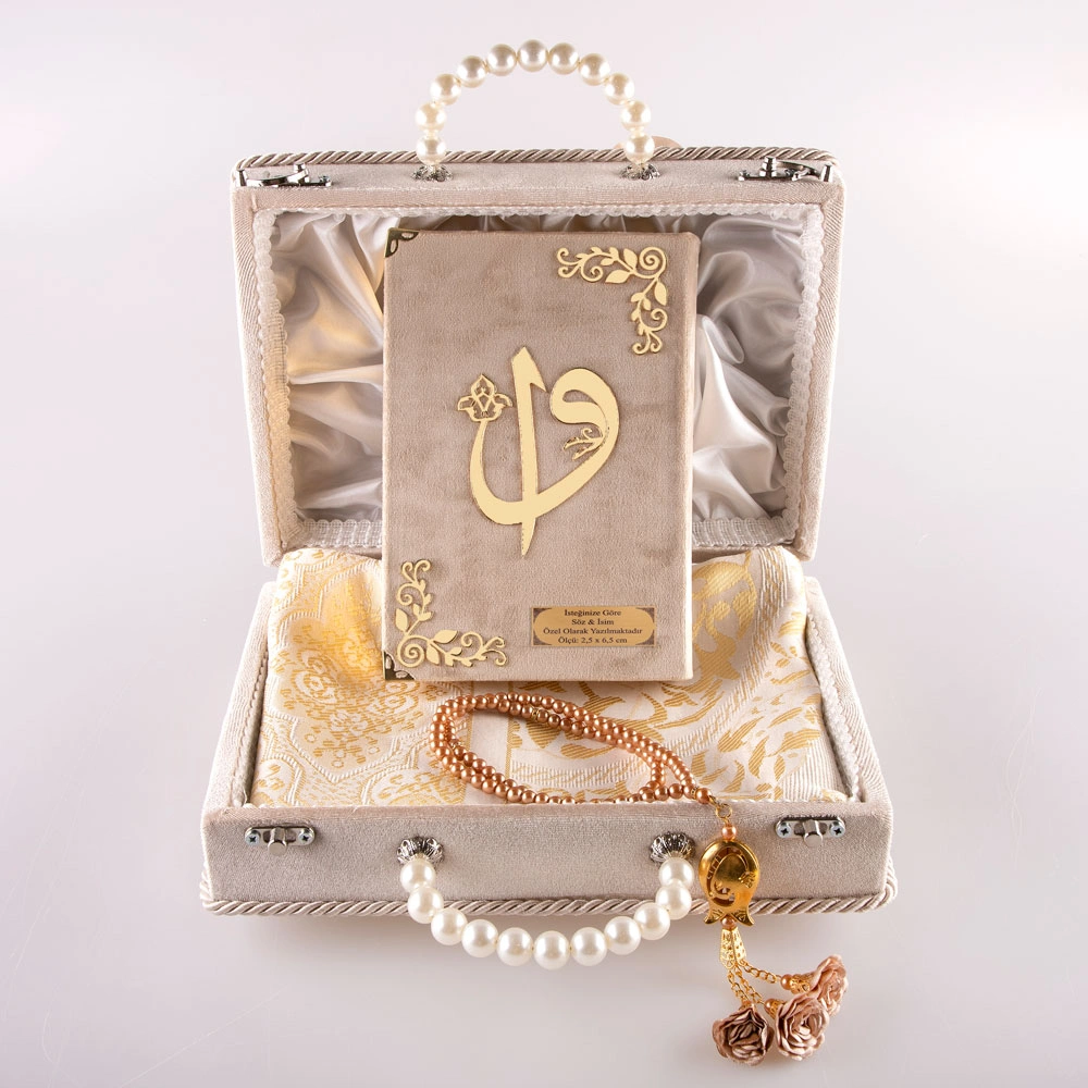 Boncuklu Kutu Çeyizlik, Seccade + Tesbih + Kuran Hediye Seti (Çanta Boy, Vizon)