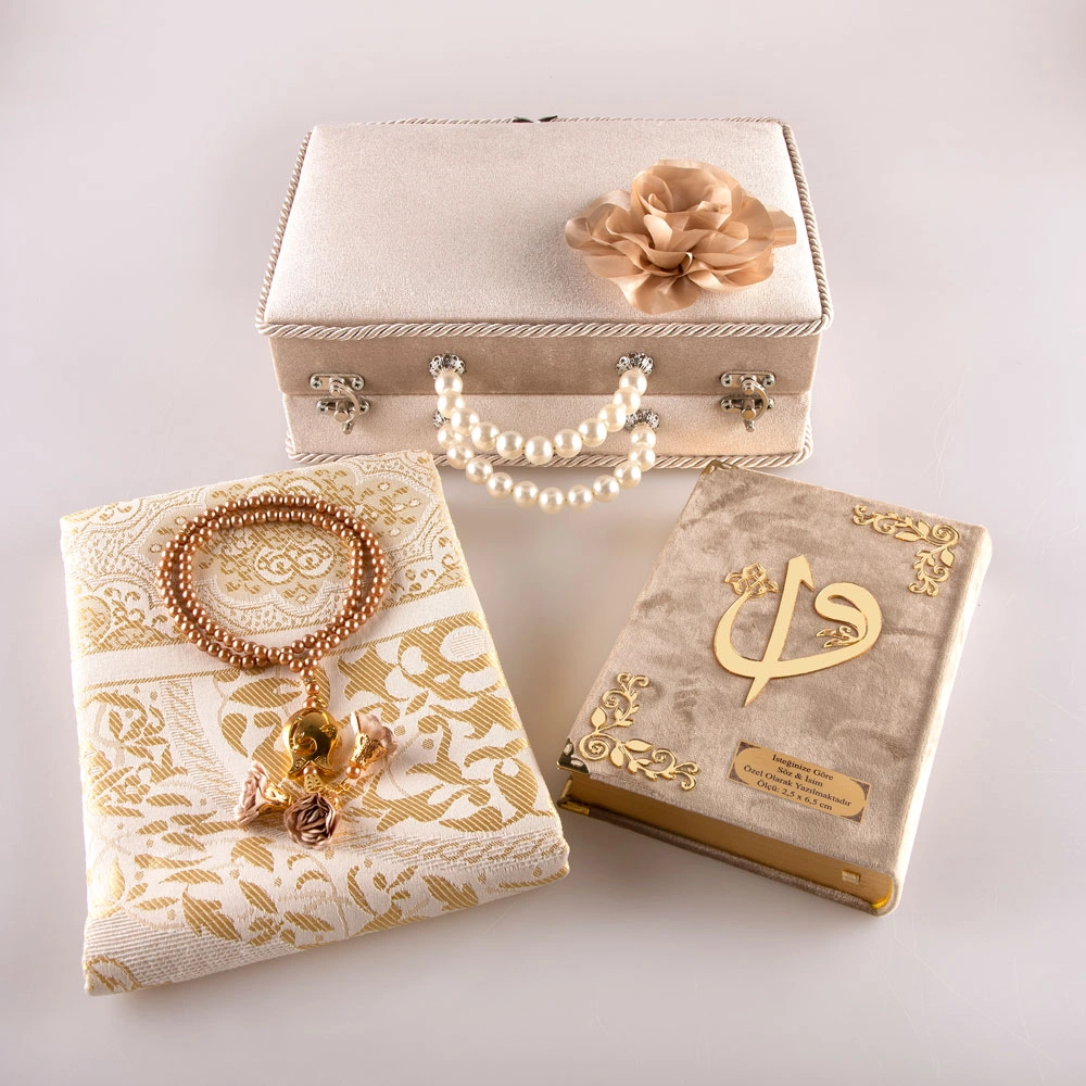 Boncuklu Kutu Çeyizlik, Seccade + Tesbih + Kuran Hediye Seti (Çanta Boy, Vizon) - Thumbnail