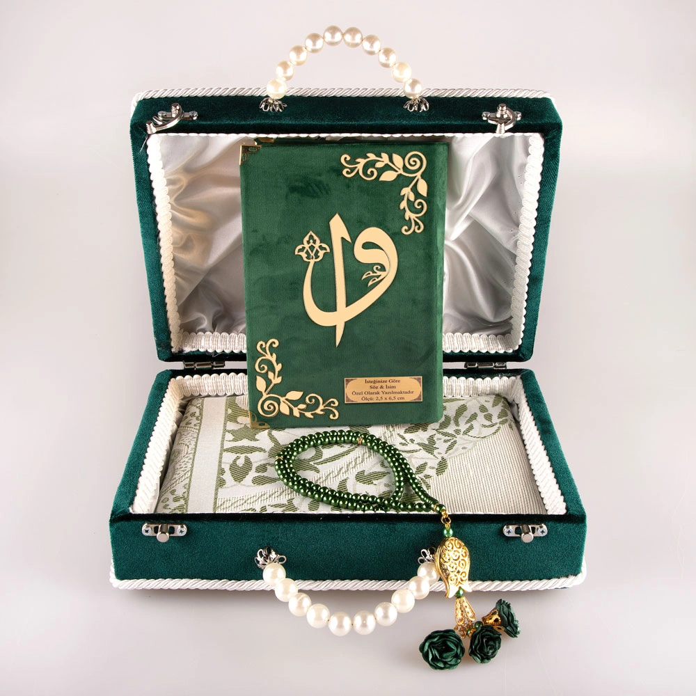 HAYRAT NEŞRİYAT - Boncuklu Kutu Çeyizlik, Seccade + Tesbih + Kuran Hediye Seti (Çanta Boy, Yeşil)