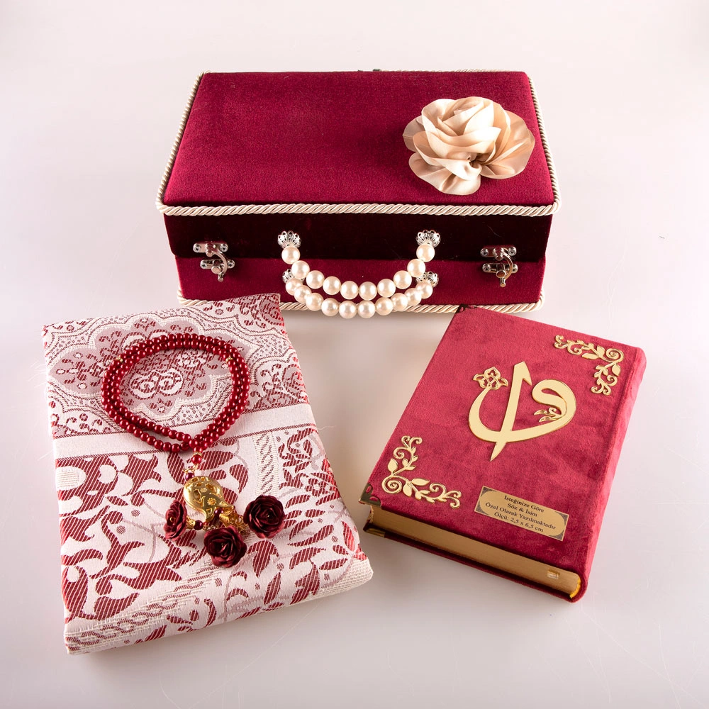 Boncuklu Kutu Çeyizlik, Seccade + Tesbih + Kuran Hediye Seti (Hafız Boy, Bordo) - Thumbnail