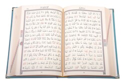 Bookrest Size Velvet Bound Qur'an Al-Kareem (Blue, Embroidered, Gilded, Stamped) - Thumbnail