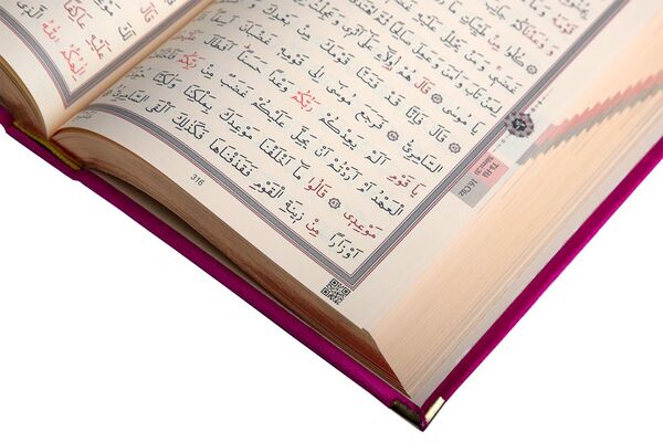 Bookrest Size Velvet Bound Qur'an Al-Kareem (Pink, Embroidered, Gilded, Stamped)