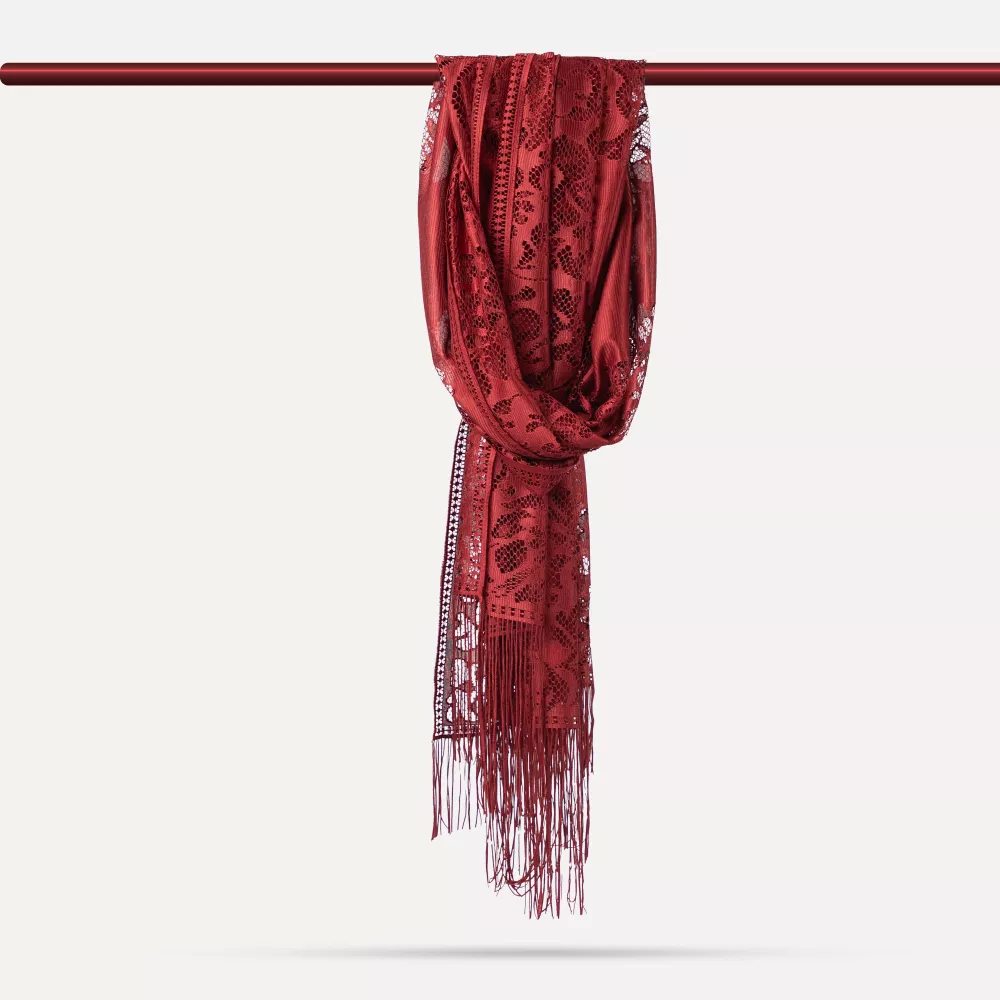 Dantelli Püsküllü Şal (Mevlid Örtüsü, 166x61 cm. Bordo)