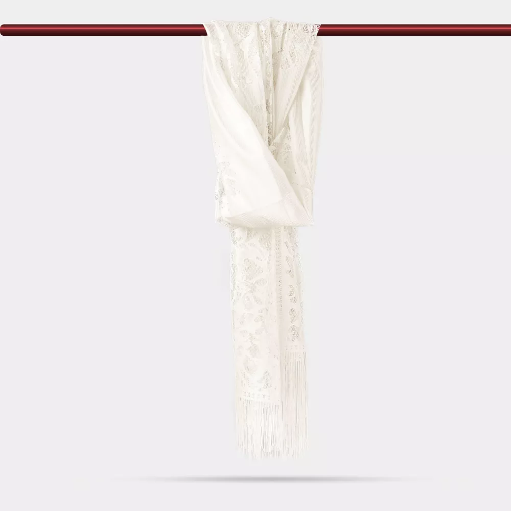 Dantelli Püsküllü Şal (Mevlid Örtüsü, 166x61 cm. Krem) - Thumbnail
