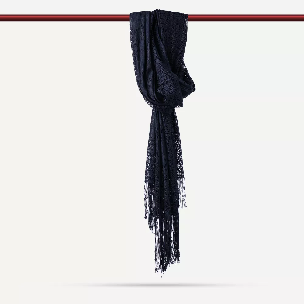 Dantelli Püsküllü Şal (Mevlid Örtüsü, 166x61 cm. Lacivert)