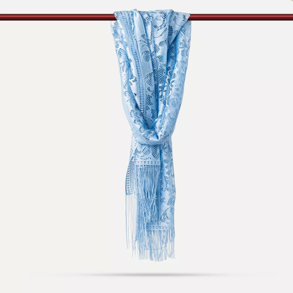 Dantelli Püsküllü Şal (Mevlid Örtüsü, 166x61 cm. Mavi)