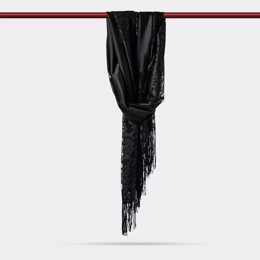 Dantelli Püsküllü Şal (Mevlid Örtüsü, 166x61 cm. Siyah) - Thumbnail