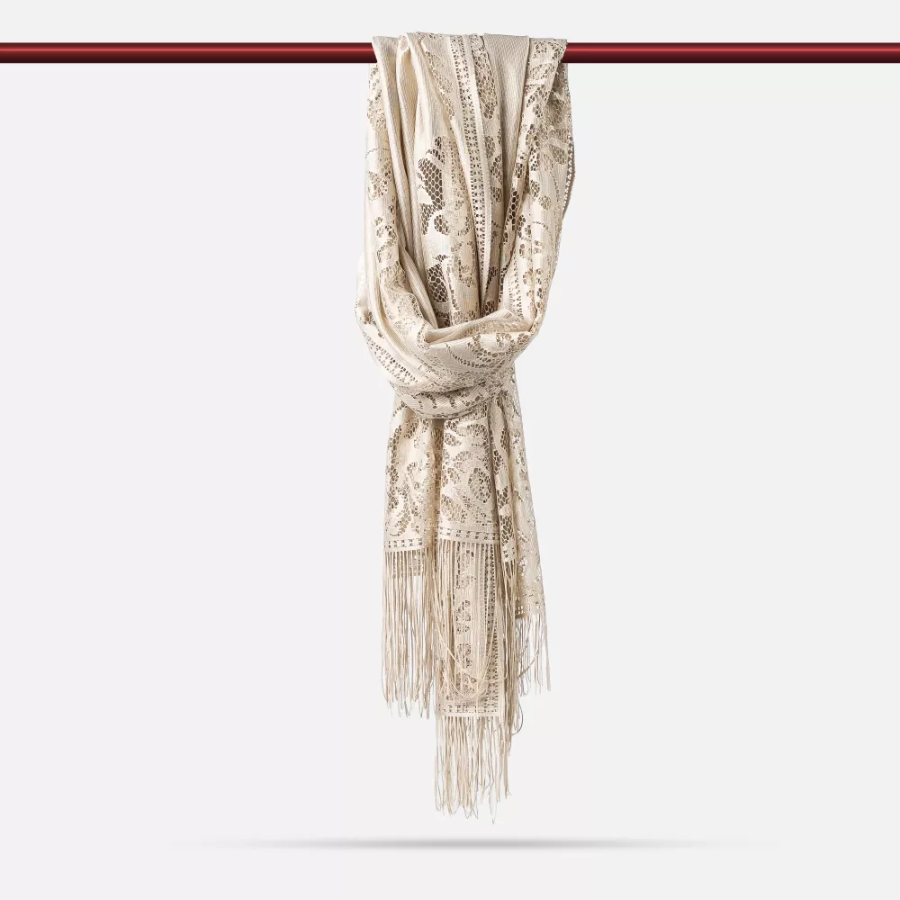 Dantelli Püsküllü Şal (Mevlid Örtüsü, 166x61 cm. Vizon)