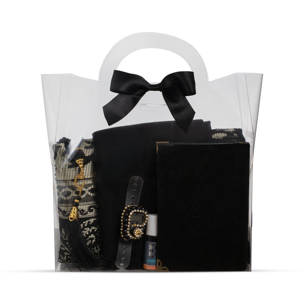 Eşarp + Esans + Tesbih + Zikirmatik + Büyük Cep Boy Kadife Kuran Seti (Soğuk Baskı, Siyah)