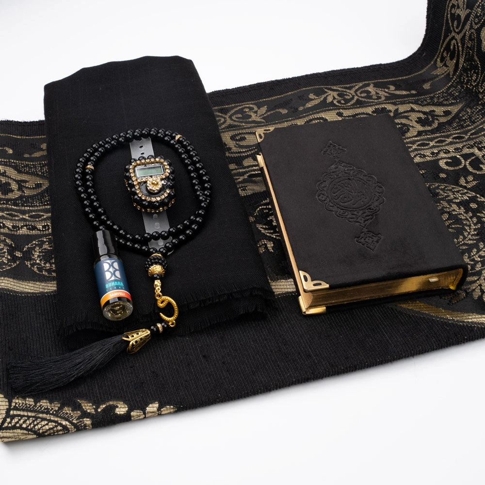 Eşarp + Esans + Tesbih + Zikirmatik + Büyük Cep Boy Kadife Kuran Seti (Soğuk Baskı, Siyah) - Thumbnail