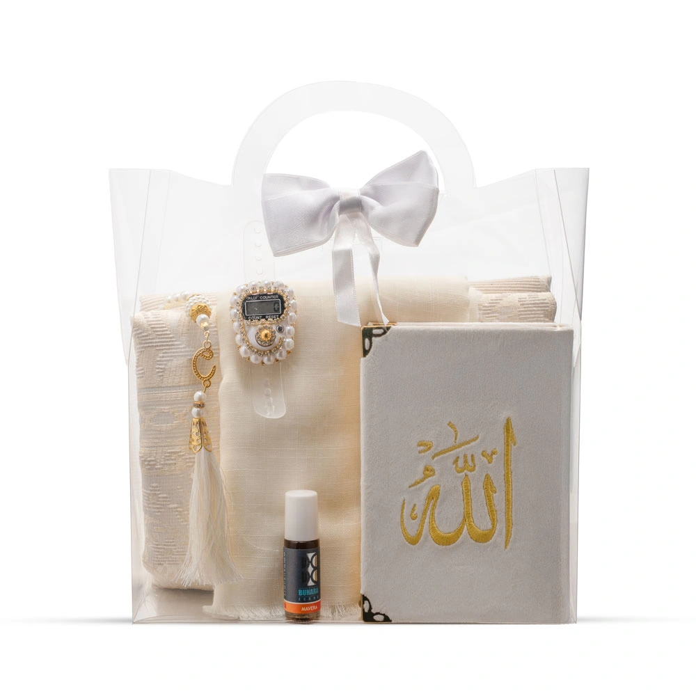 HAYRAT NEŞRİYAT - Eşarp + Esans + Tesbih + Zikirmatik + Büyük Cep Boy Kadife Kuran Seti (Nakışlı, Beyaz)