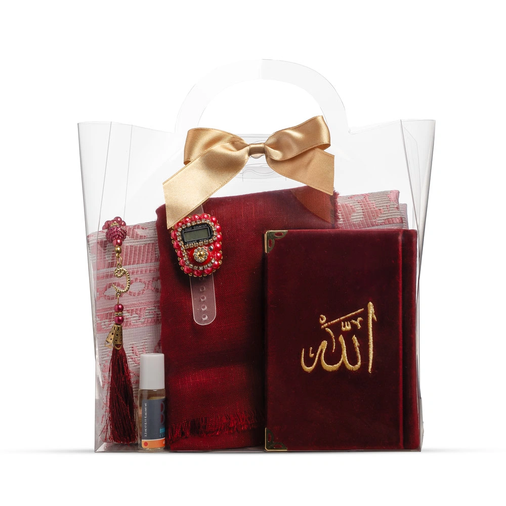 Eşarp + Esans + Tesbih + Zikirmatik + Büyük Cep Boy Kadife Kuran Seti (Nakışlı, Bordo)