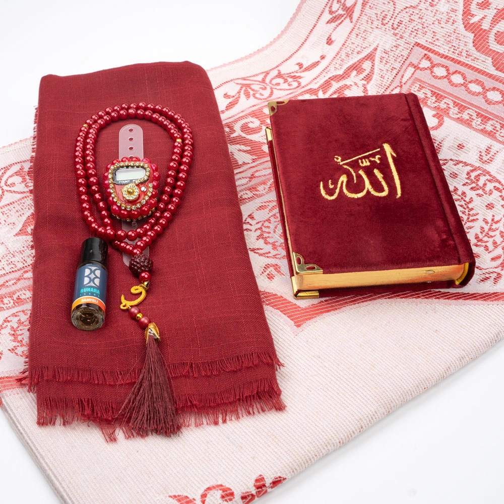Eşarp + Esans + Tesbih + Zikirmatik + Büyük Cep Boy Kadife Kuran Seti (Nakışlı, Bordo) - Thumbnail