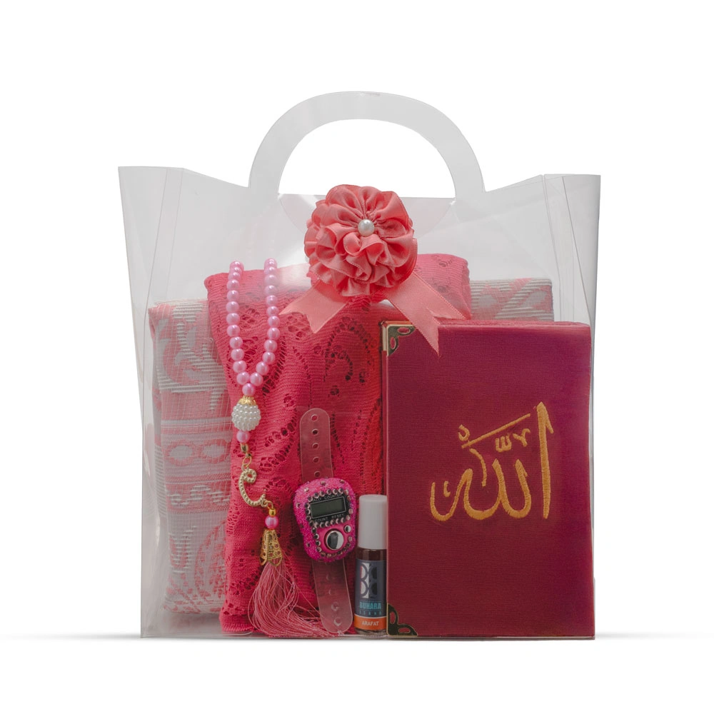 HAYRAT NEŞRİYAT - Eşarp + Esans + Tesbih + Zikirmatik + Büyük Cep Boy Kadife Kuran Seti (Nakışlı, Fuşya)