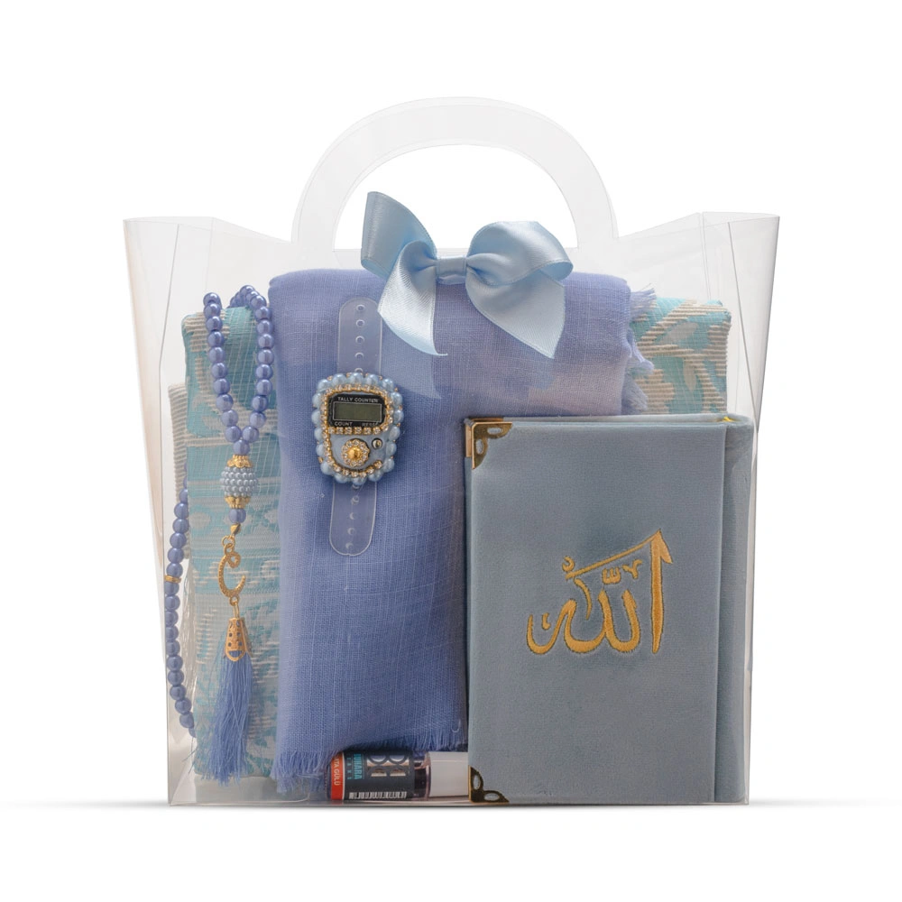 Eşarp + Esans + Tesbih + Zikirmatik + Büyük Cep Boy Kadife Kuran Seti (Nakışlı, Mavi)