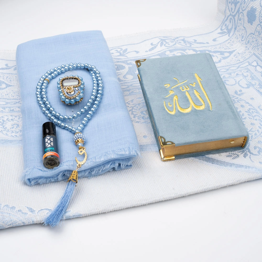 Eşarp + Esans + Tesbih + Zikirmatik + Büyük Cep Boy Kadife Kuran Seti (Nakışlı, Mavi) - Thumbnail