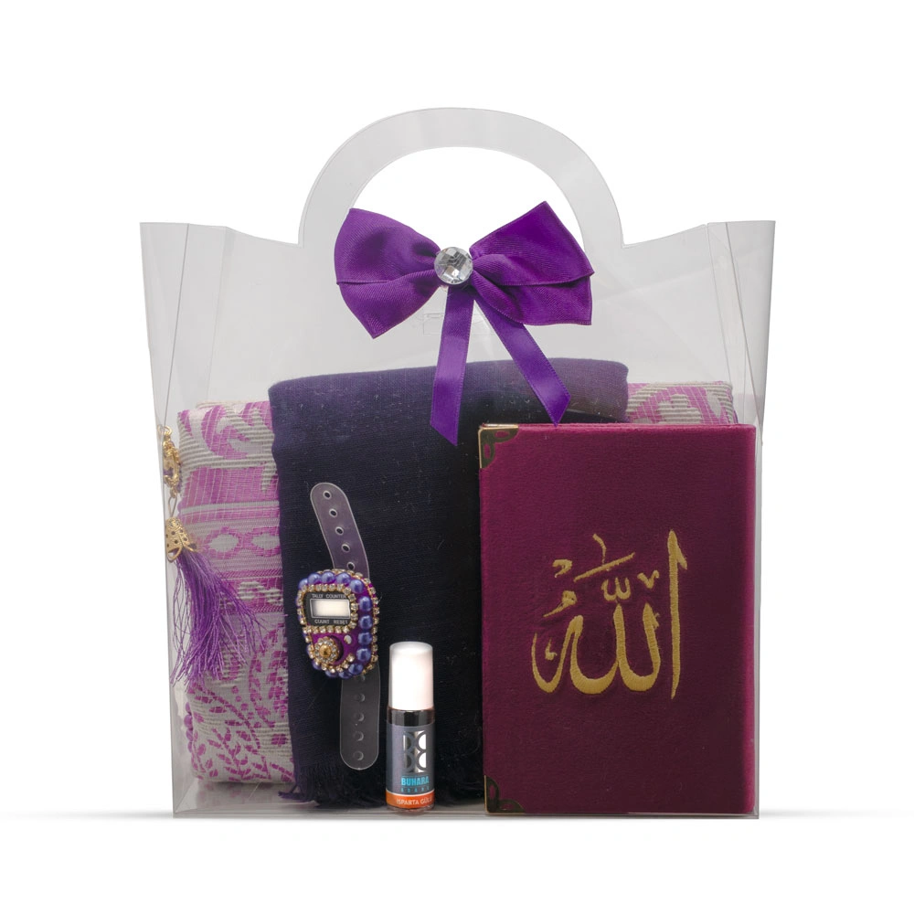 Eşarp + Esans + Tesbih + Zikirmatik + Büyük Cep Boy Kadife Kuran Seti (Nakışlı, Mor)