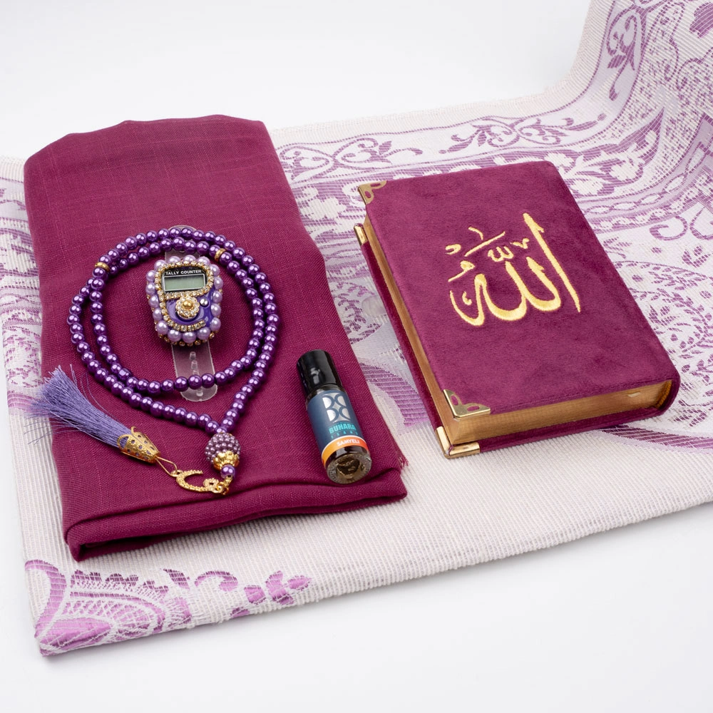 Eşarp + Esans + Tesbih + Zikirmatik + Büyük Cep Boy Kadife Kuran Seti (Nakışlı, Mor)