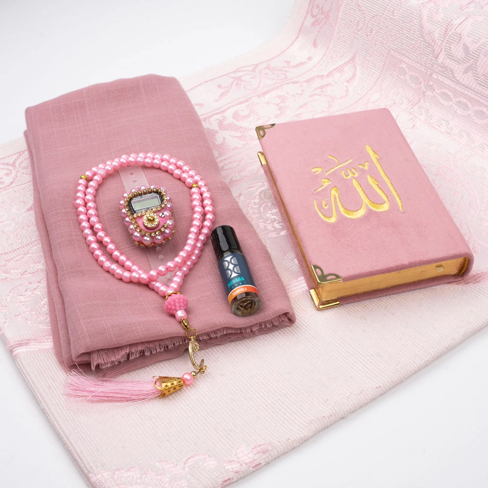 Eşarp + Esans + Tesbih + Zikirmatik + Büyük Cep Boy Kadife Kuran Seti (Nakışlı, Pembe)