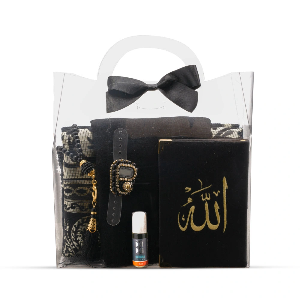 Eşarp + Esans + Tesbih + Zikirmatik + Büyük Cep Boy Kadife Kuran Seti (Nakışlı, Siyah)