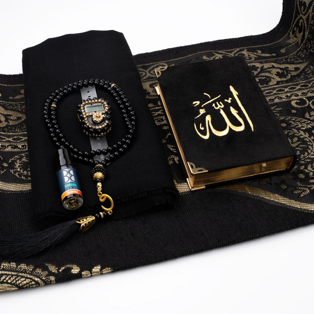 Eşarp + Esans + Tesbih + Zikirmatik + Büyük Cep Boy Kadife Kuran Seti (Nakışlı, Siyah)