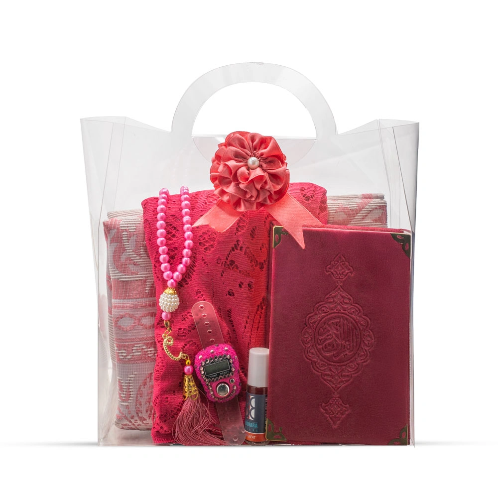 HAYRAT NEŞRİYAT - Eşarp + Esans + Tesbih + Zikirmatik + Büyük Cep Boy Kadife Kuran Seti (Soğuk Baskı, Fuşya)