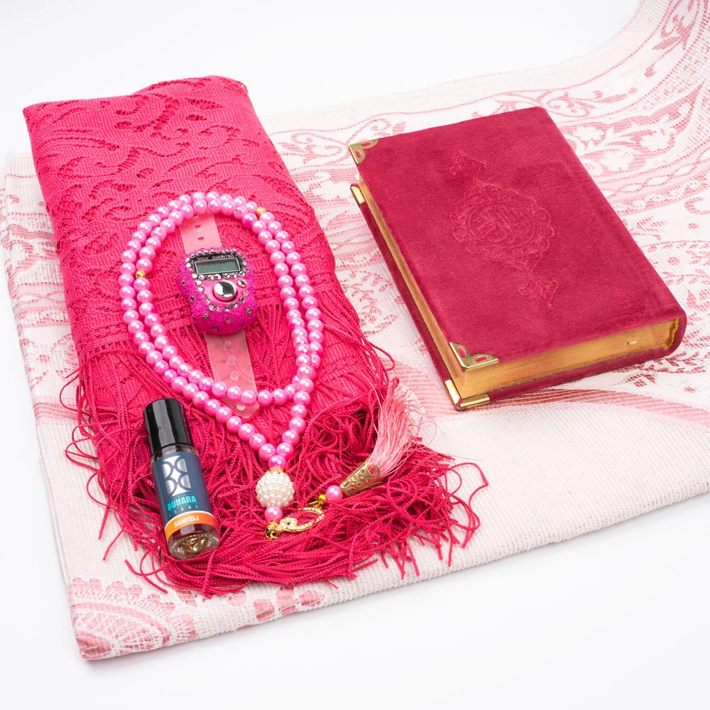 Eşarp + Esans + Tesbih + Zikirmatik + Büyük Cep Boy Kadife Kuran Seti (Soğuk Baskı, Fuşya) - Thumbnail