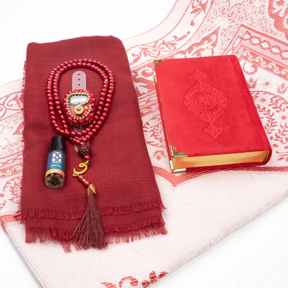 Eşarp + Esans + Tesbih + Zikirmatik + Büyük Cep Boy Kadife Kuran Seti (Soğuk Baskı, Kırmızı)