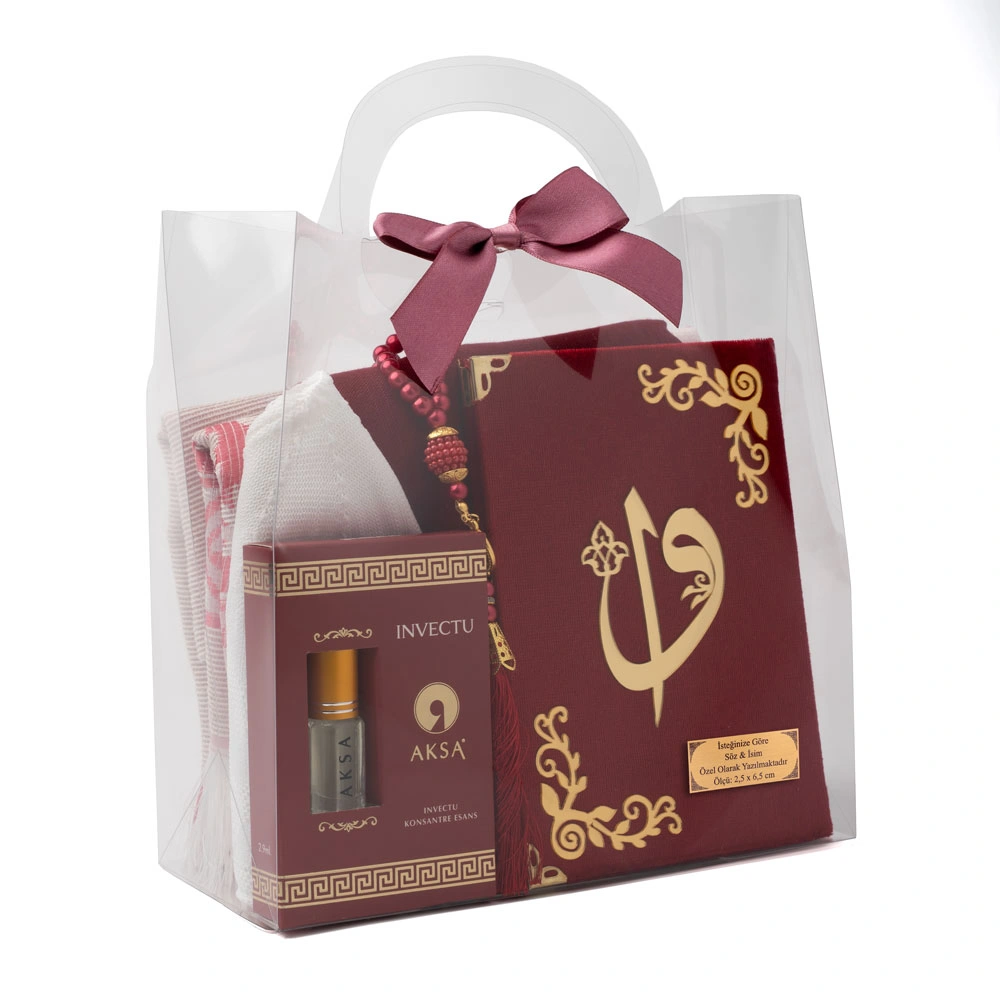 HAYRAT NEŞRİYAT - Eşarp + Takke + Seccade + Tesbih + Zikirmatik + Esans + Raşel Yasin Hediye Seti (Çanta Boy, Bordo)