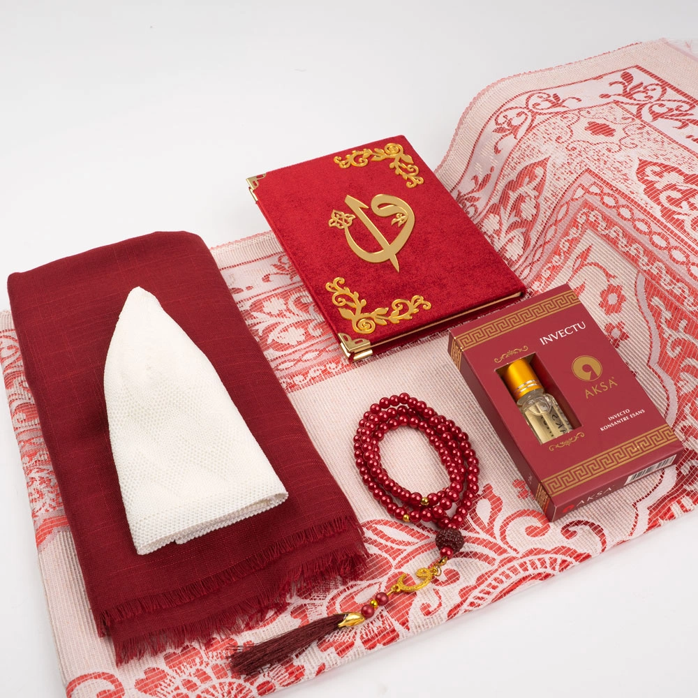 Eşarp + Takke + Seccade + Tesbih + Zikirmatik + Esans + Raşel Yasin Hediye Seti (Çanta Boy, Bordo)