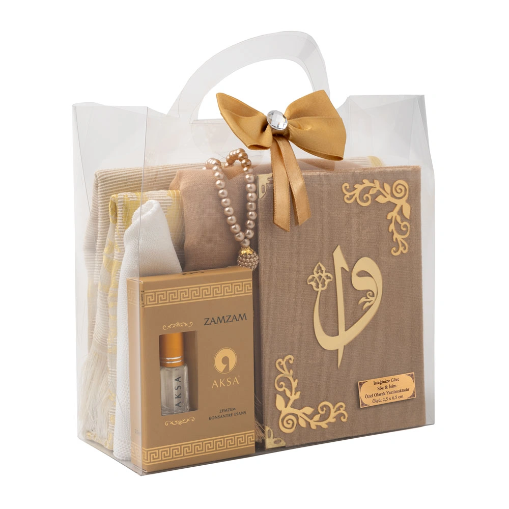 Eşarp + Takke + Seccade + Tesbih + Esans + Raşel Yasin Hediye Seti (Çanta Boy, Gold)