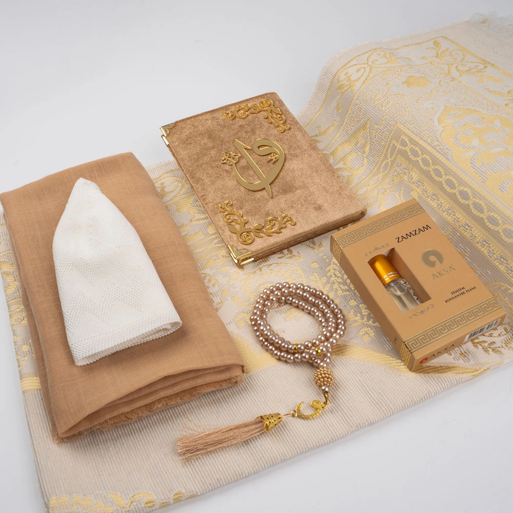 Eşarp + Takke + Seccade + Tesbih + Zikirmatik + Esans + Raşel Yasin Hediye Seti (Çanta Boy, Gold) - Thumbnail