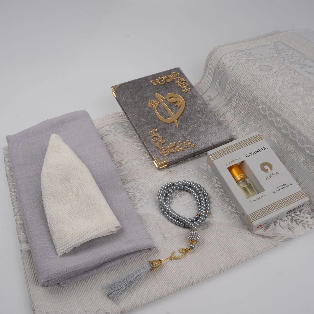 Eşarp + Takke + Seccade + Tesbih + Zikirmatik + Esans + Raşel Yasin Hediye Seti (Çanta Boy, Gri) - Thumbnail