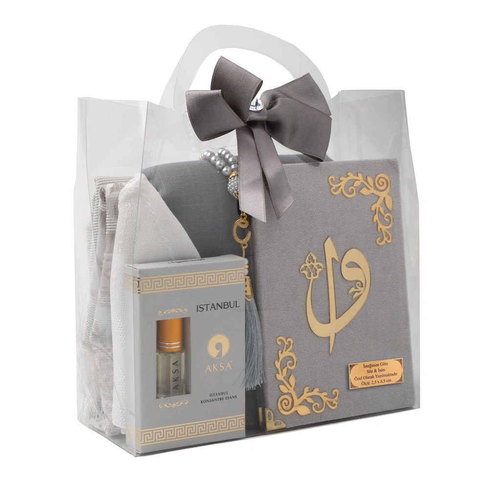 Eşarp + Takke + Seccade + Tesbih + Zikirmatik + Esans + Raşel Yasin Hediye Seti (Çanta Boy, Gri)