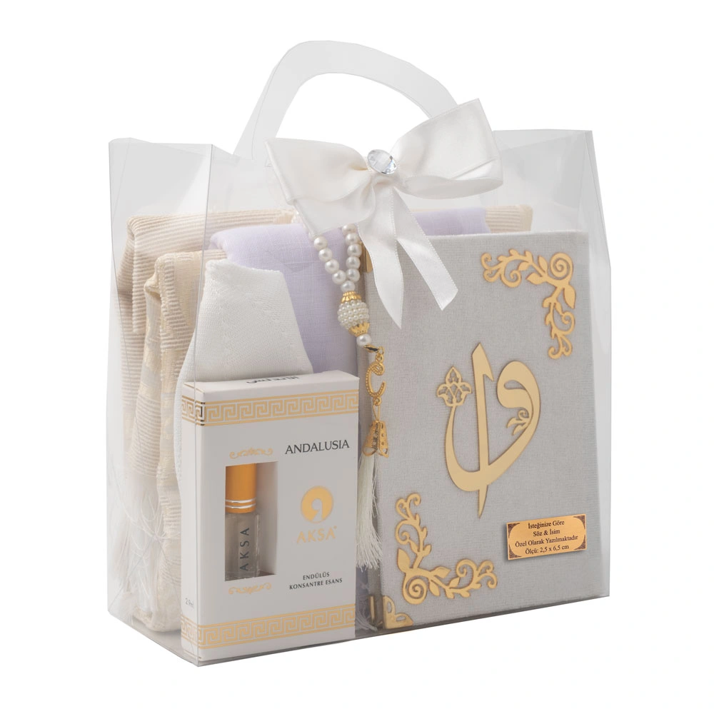 Eşarp + Takke + Seccade + Tesbih + Esans + Raşel Yasin Hediye Seti (Çanta Boy, Krem)