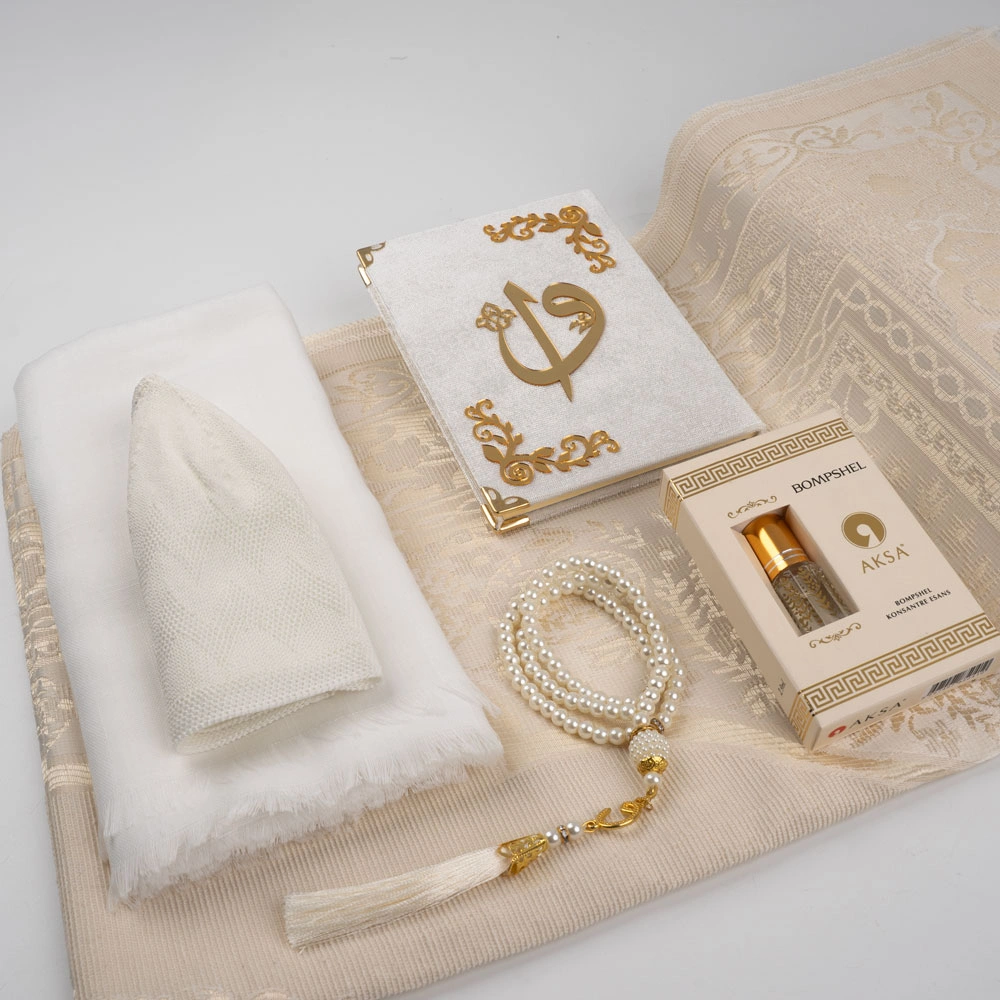 Eşarp + Takke + Seccade + Tesbih + Zikirmatik + Esans + Raşel Yasin Hediye Seti (Çanta Boy, Krem)