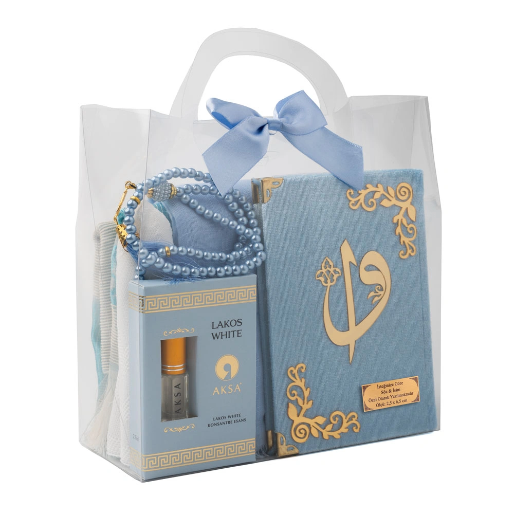 HAYRAT NEŞRİYAT - Eşarp + Takke + Seccade + Tesbih + Esans + Raşel Yasin Hediye Seti (Çanta Boy, Mavi)