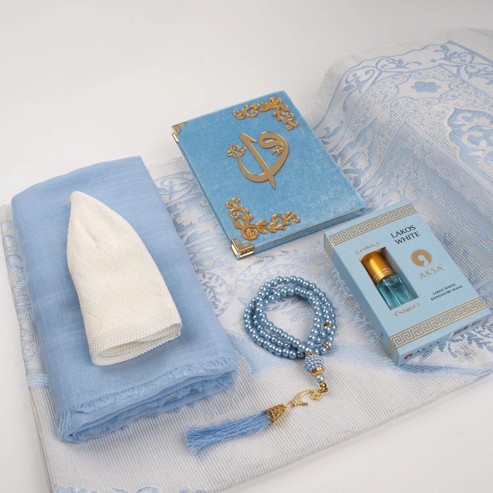 Eşarp + Takke + Seccade + Tesbih + Esans + Raşel Yasin Hediye Seti (Çanta Boy, Mavi)
