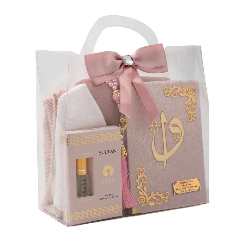 Eşarp + Takke + Seccade + Tesbih + Zikirmatik + Esans + Raşel Yasin Hediye Seti (Çanta Boy, Pembe) - Thumbnail
